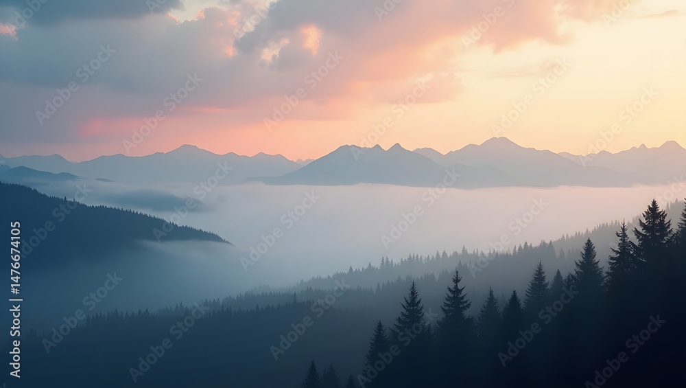 Obraz premium beautiful mountain landscape, foggy morning, dramatic sky with warm pastel colors, pine forest in foreground, silhouetted mountains in distance 