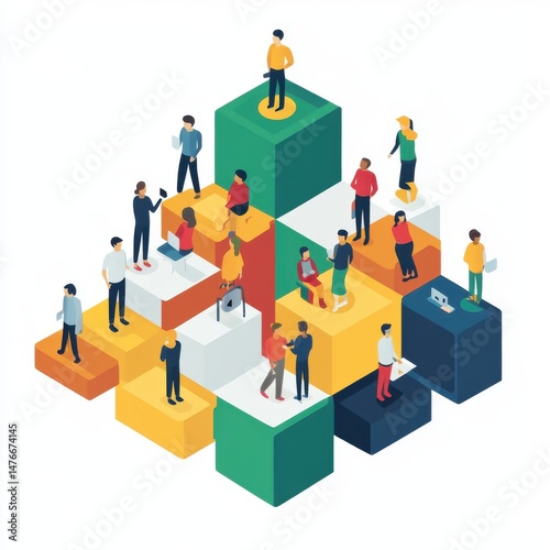 Isometric business team structure made of people standing on colorful blocks