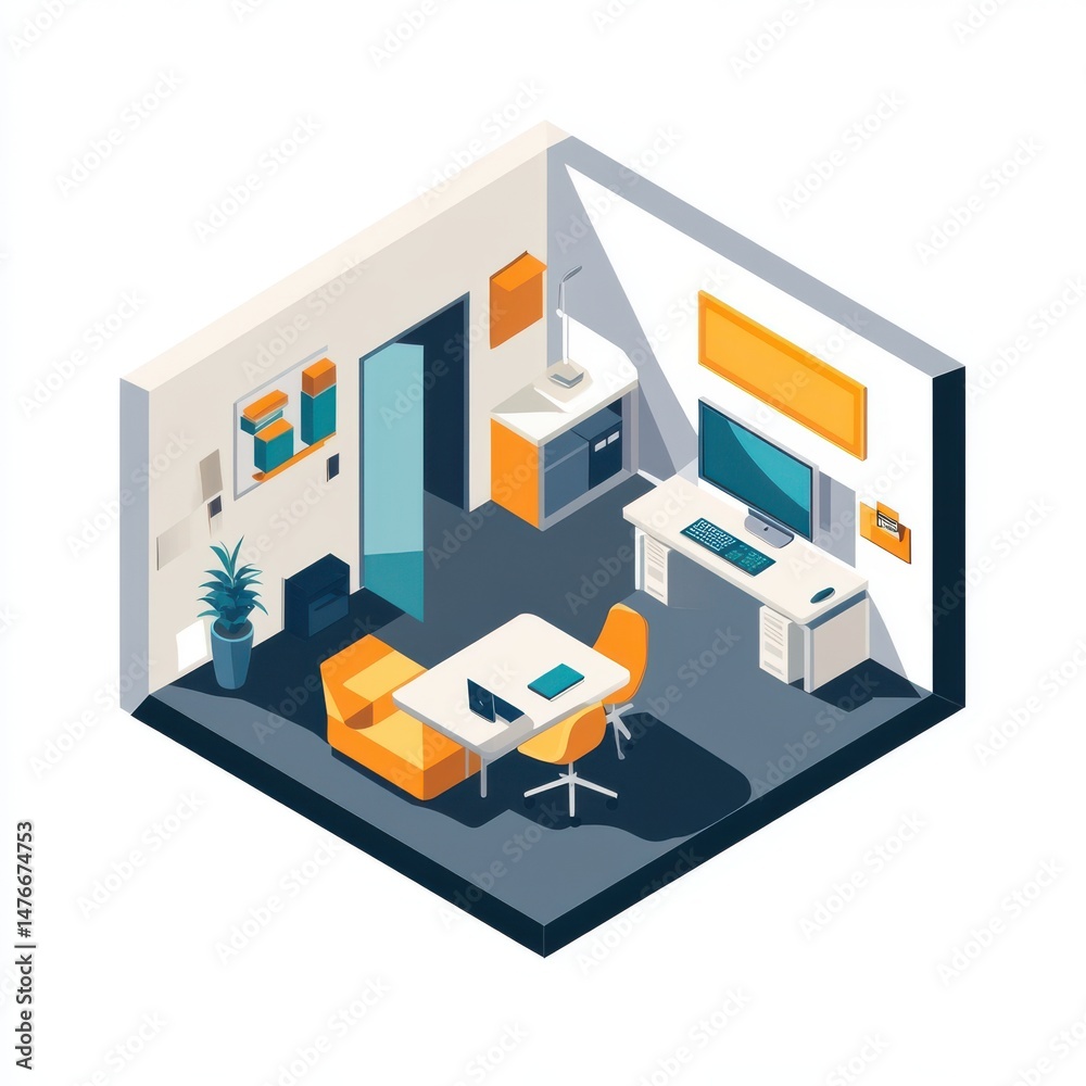 Fototapeta premium Compact isometric office interior with couch, kitchenette, desk, and decor