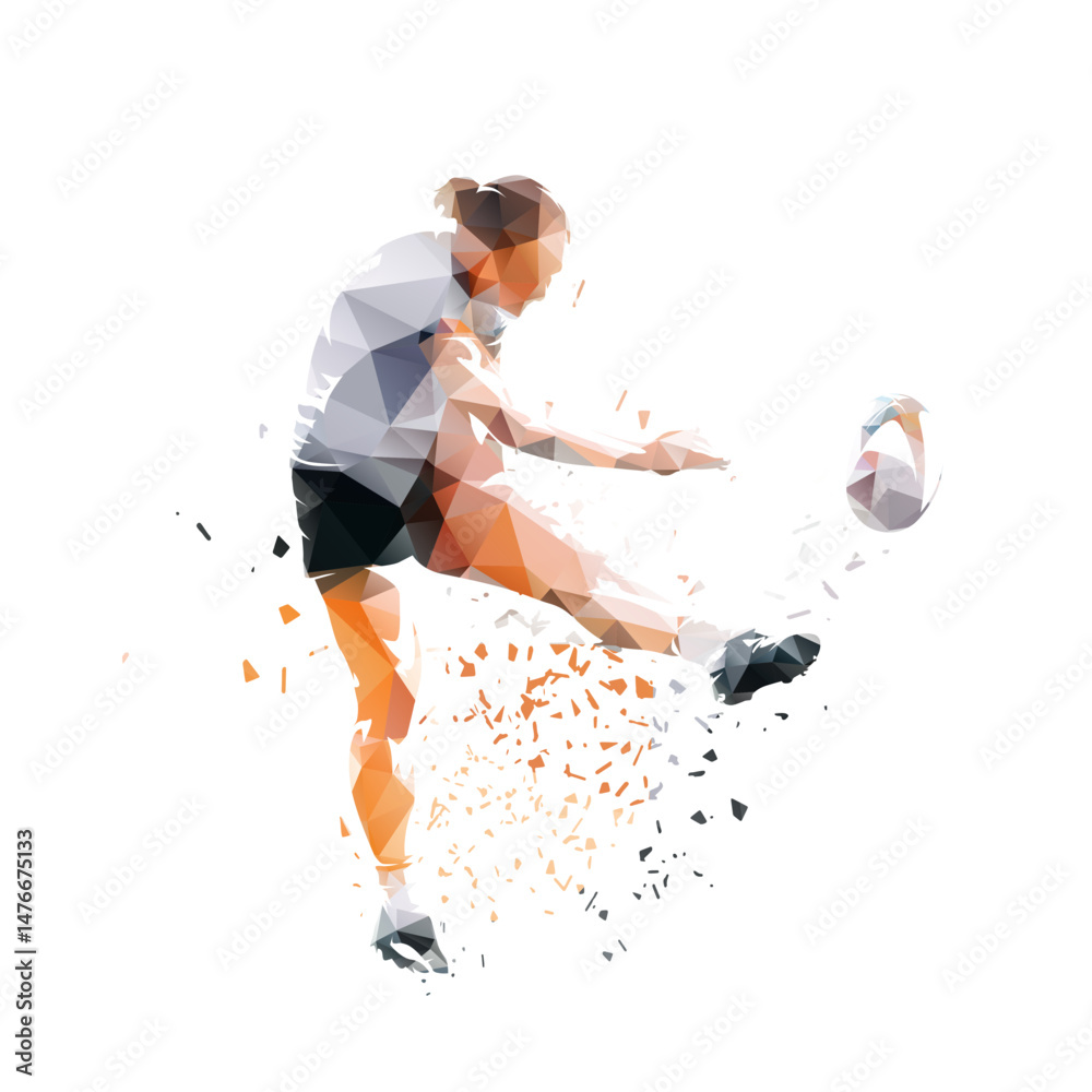 Rugby player, woman playing rugby and kicking ball, distorted low poly isolated vector illustration. Team sports clipart
