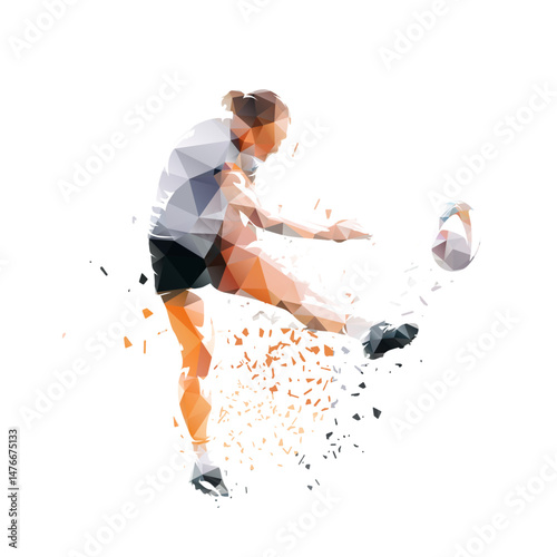Obraz na płótnie Rugby player, woman playing rugby and kicking ball, distorted low poly isolated vector illustration. Team sports clipart w salonie