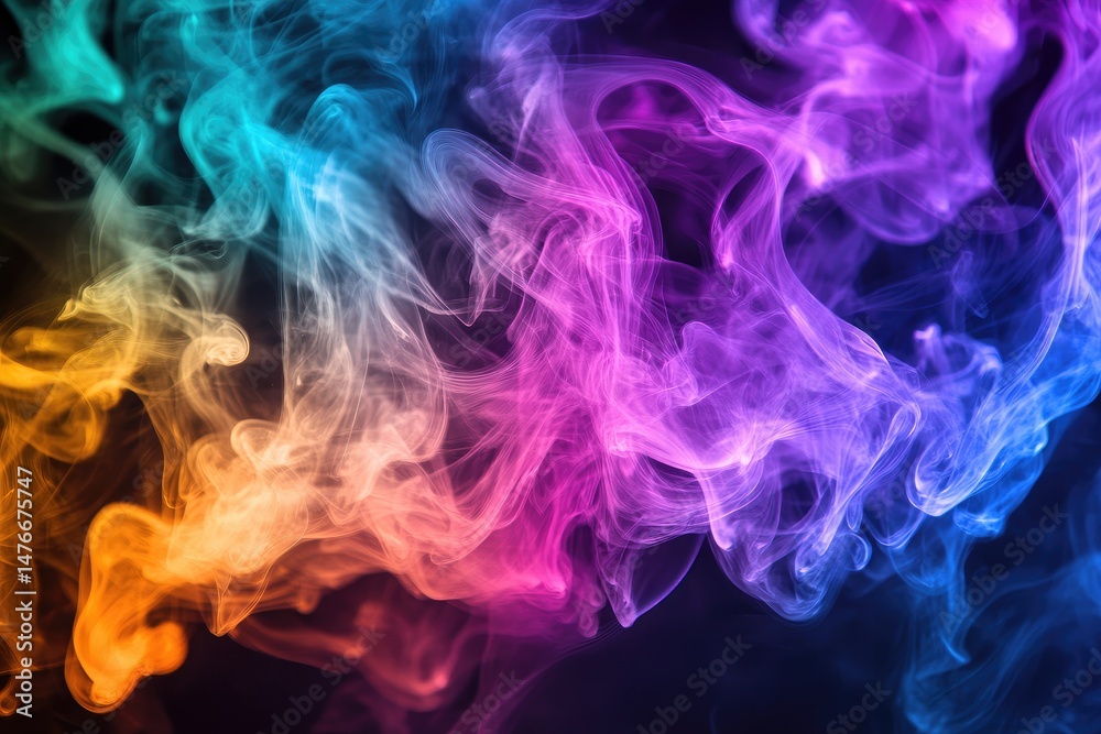 Fototapeta premium Vibrant smoke swirls in hues of blue, pink, orange, and yellow against a black background. Intricate patterns of smoky clouds