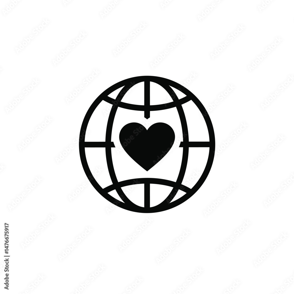 Black and white illustration of a globe with a heart symbol inside representing global love Black and white illustration of a globe with a heart symbol inside representing global love