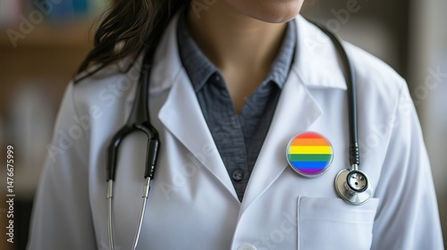Doctor wearing white coat with lgbtq rainbow pride badge