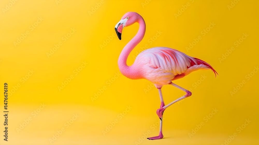 Fototapeta premium Funny Flamingo Ballet Pose on One Leg Against Yellow Background