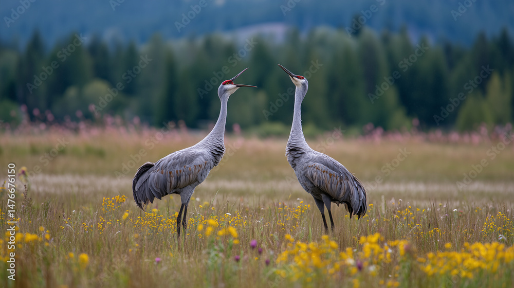 Fototapeta premium Pair of cranes in an open meadow, heads tilted skyward in unison duet, with wildflowers and soft distant tree line