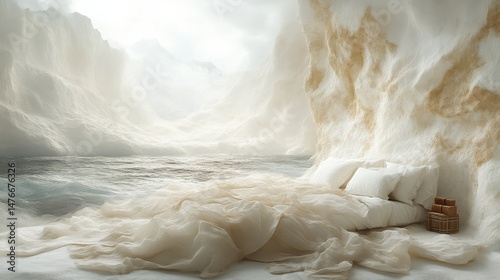 Dreamy bedroom scene with soft textiles and ocean view