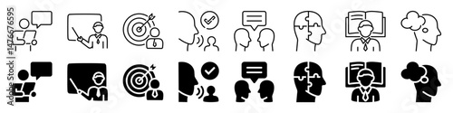 Business communication and training icon set. Linear and silhouette style.