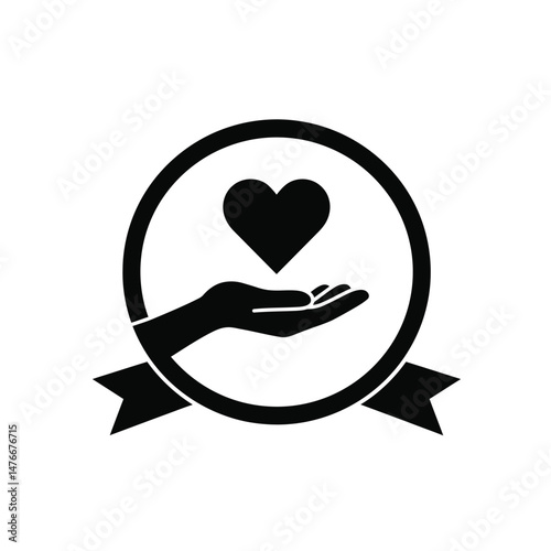 Charity concept icon showing a heart held in a hand within a circular emblem