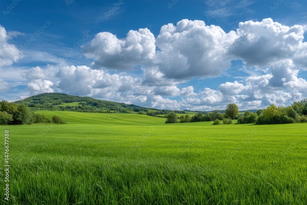 Fototapeta premium Serene Green Fields Under a Summer Sky: Pastoral Landscape Painting