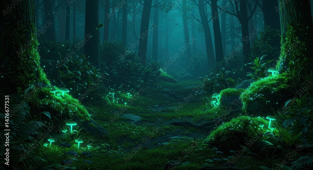 Naklejka premium Glowing mushrooms forest pathway
