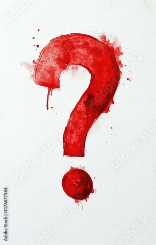 A crimson question mark, painted with textured, dripping blood-red watercolor, against a stark white background.  