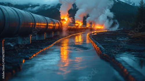 Industrial pipeline under smoke and flames with reflections on water surface