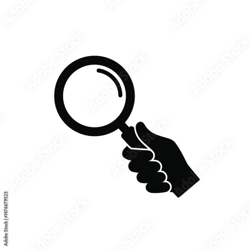 Black and white illustration of a hand holding a magnifying glass on a white background