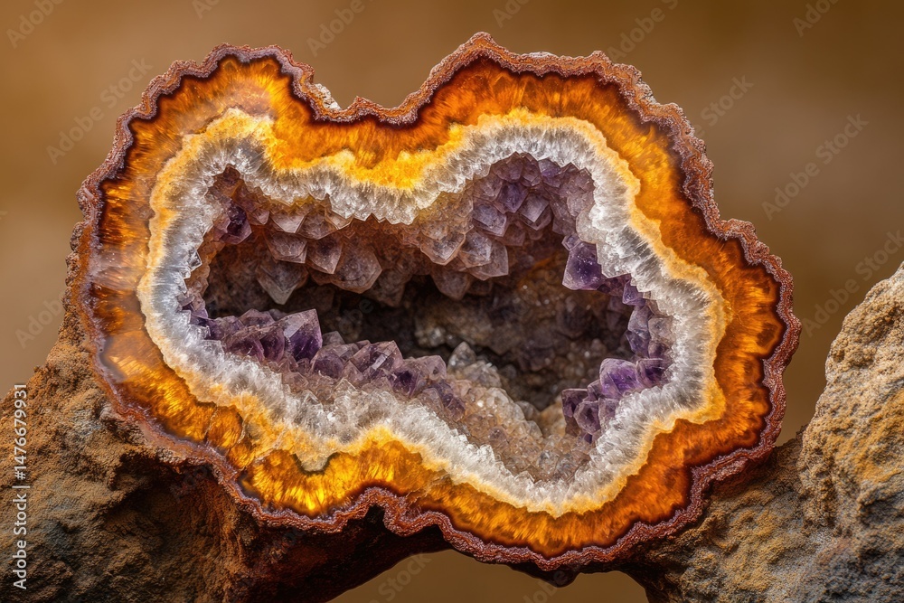 Fototapeta premium A mesmerizing geode reveals amethyst crystals nestled within vibrant orange and white agate layers.