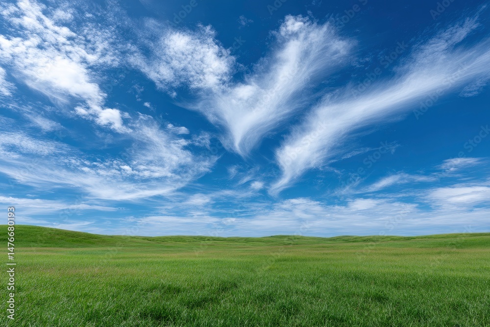 Obraz premium Serene Prairie Landscape: Vibrant Green Grass Under a Sky of Wispy Clouds
