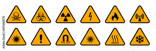 Set of 12 triangular yellow hazard warning signs including toxic, biohazard, radiation, electric shock, fire, EMF, laser, caution, magnet, UV, hot surface, and cold hazard icons.