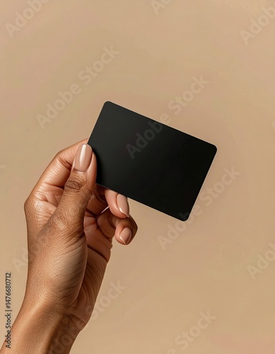African female hand holding blank black card on beige background