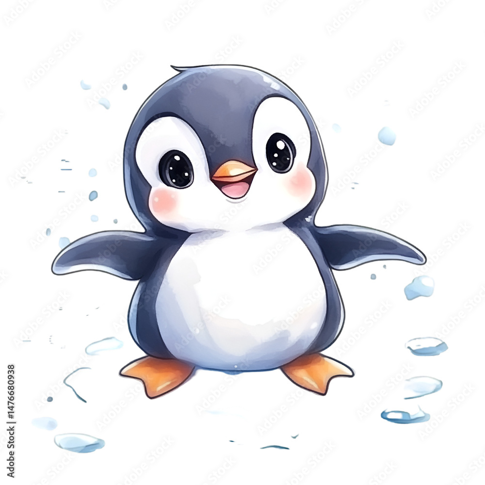 Fototapeta premium Cute penguin character on snowy background digital illustration playful environment whimsical viewpoint