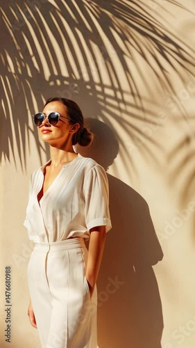Stylish woman in white linen jumpsuit and sunglasses standing near wall with palm leaves shadows