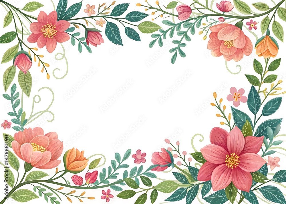 Fototapeta premium Beautiful floral border frame with colorful flowers and leaves illustration design