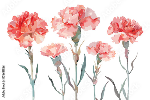 Set with soft flowers on green stems. Hand painted watercolor wild flowers isolated on white background.