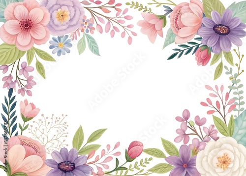 Watercolor floral frame with pink, purple, and green hues and a white background