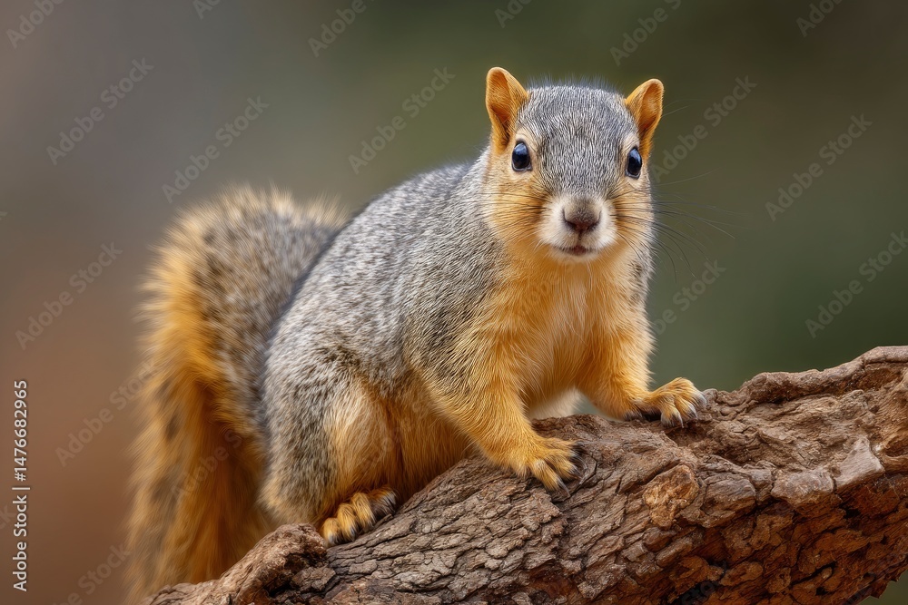 Fototapeta premium Curious Eastern Fox Squirrel on Rustic Wood: A Wildlife Portrait