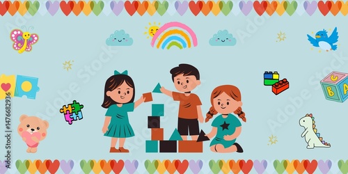 Trendy Happy Children's Day Greeting Card Illustration Vector. Cute International Children's Day Postcard Banner. Childhood, School, Kindergarten, World, Kids Day, 1st of June, Kids Party, Happiness