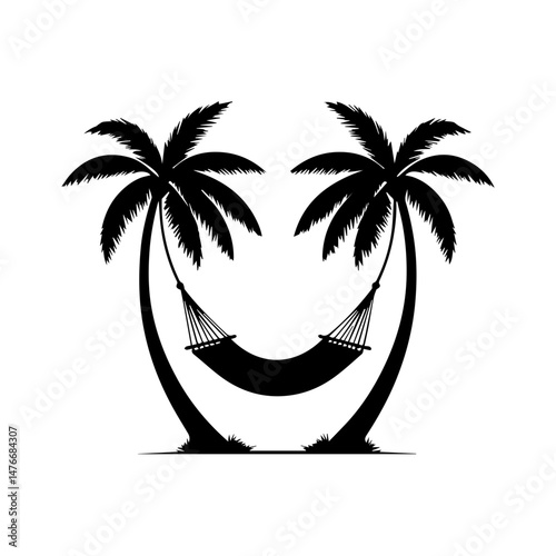 Tropical Tranquility: Silhouette of a peaceful hammock swaying between two elegant palm trees, embodying serene relaxation. 