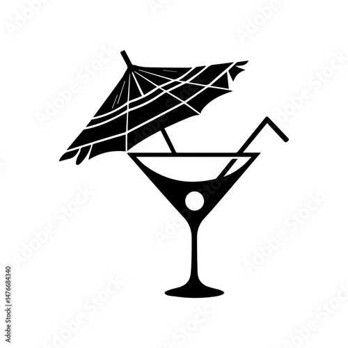 Cocktail Delight: A captivating, minimalistic illustration of a classic cocktail in a martini glass, adorned with a parasol and a straw, capturing the essence of refreshment and leisure.