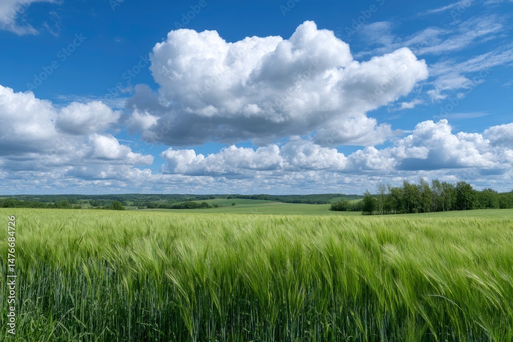 Fototapeta premium Serene Green Barley Field Under a Puffy Cloud Sky