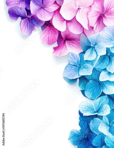 Delicate, vibrant flower petals in a gradient of pinks, purples, and blues, arranged in a corner design against a white background.  Soft, pastel colors create a beautiful, spring-like aesthetic