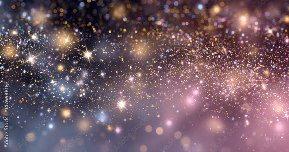 Obraz premium Glittering gradient background with hologram effect and magic lights. Holographic abstract fantasy backdrop with fairy sparkles, gold stars and festive blurs. . High quality