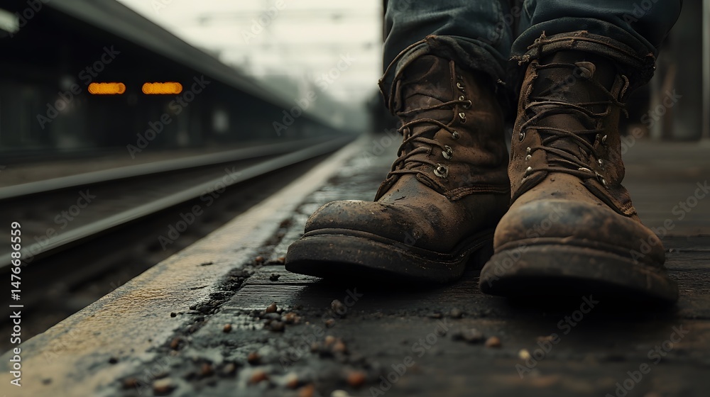Worn-out boots on an old train platform Worn-out boots on an old train platform