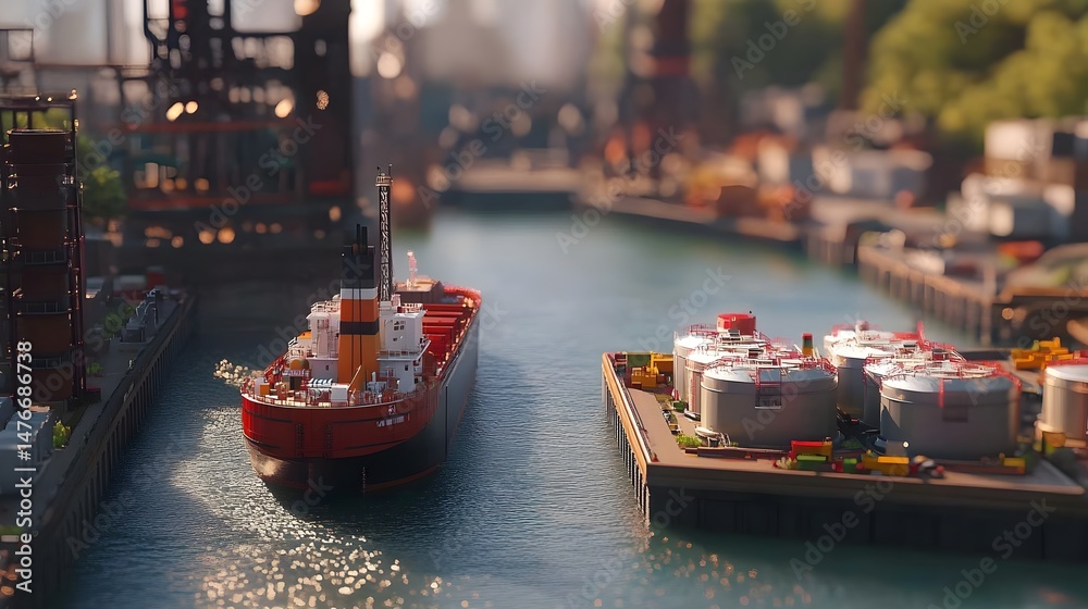 Fototapeta premium Miniature Industrial Complex with Storage Tanks and Cargo Ship