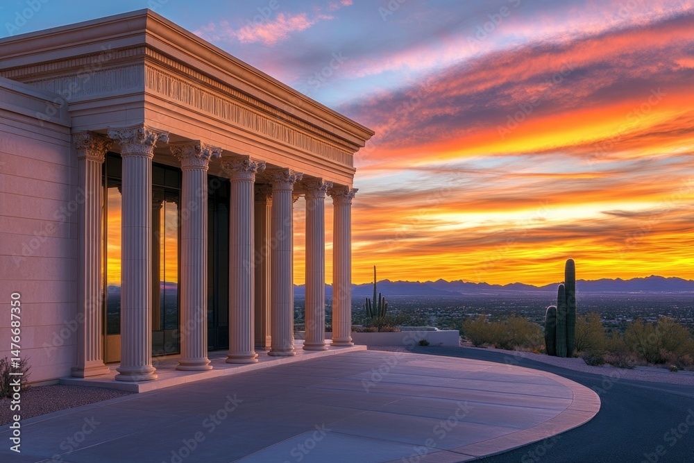 Obraz premium A majestic classical building stands overlooking a breathtaking sunset, showcasing stunning desert landscape.