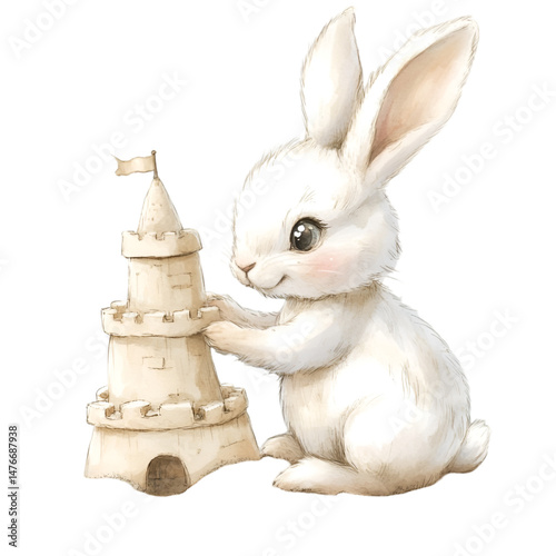Adorable rabbit building sandcastle at beach watercolor art cute environment playful scene