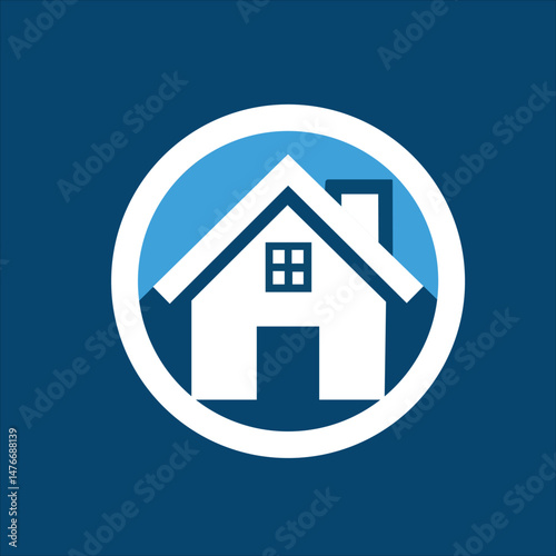 A stylized white house with a blue roof and window featuring a chimney is encircled by a white ring against a solid blue background