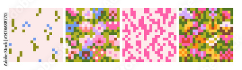 Abstract seamless patterns, 8-bit design set. Pixel art with colorful flower blocks in retro game style. Endless background, 8bit print, pixelart, squares. Colored flat graphic vector illustrations