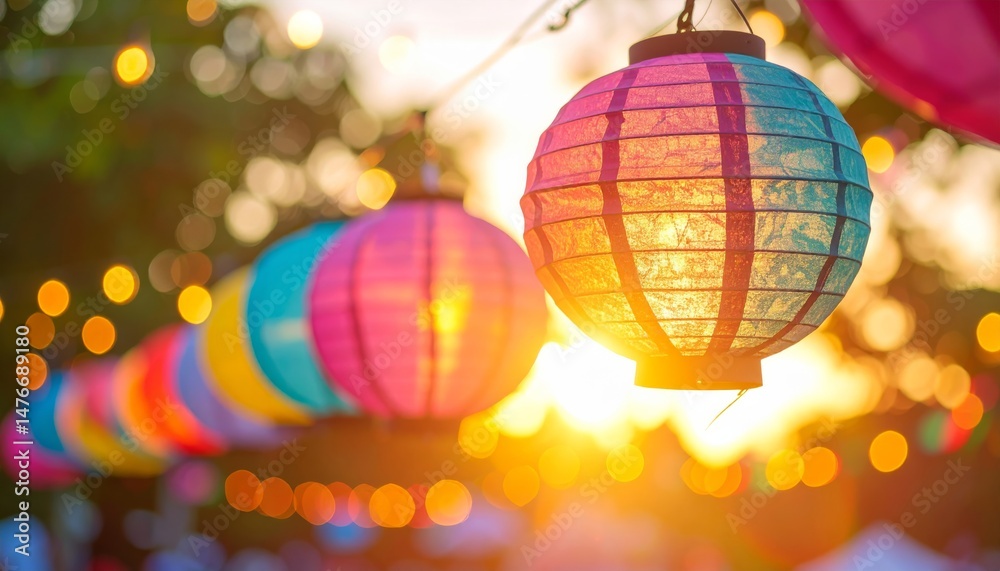 Obraz premium Colorful paper lanterns hanging outdoors during sunset, glowing warmly in the golden hour light, blurred background of festival