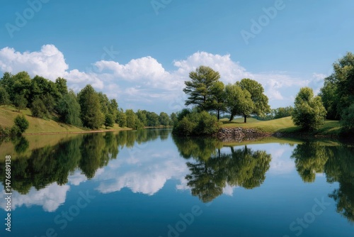 Serene Lakeside Landscape: Tranquil Trees Mirrored in Calm Waters