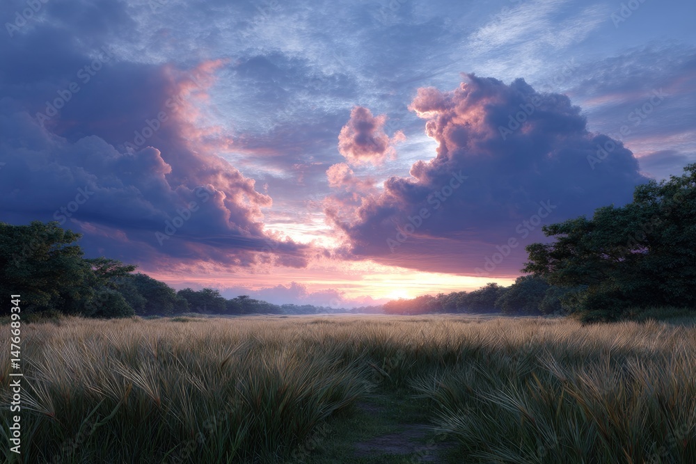 Fototapeta premium Serene Sunset Meadow: Dramatic Cloudscape and Golden Grass