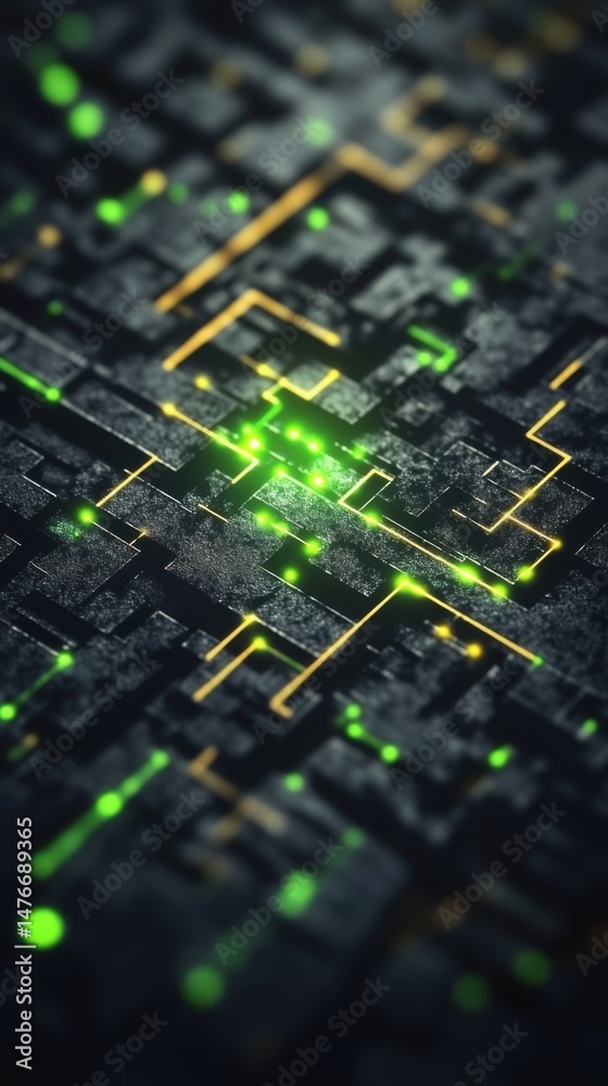 Fototapeta premium Abstract Circuit Board Close Up Showing Data Flow and Connectivity in Green and Gold Tones Technology Concept