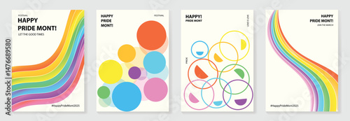 Happy Pride month poster background vector set. LGBTQ community symbol with rainbow, pride flag, smile. Design for celebration, bisexual, transgender, gender equality, rights, ads.