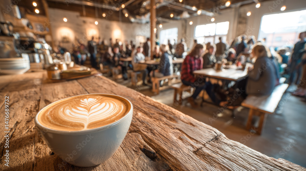 Fototapeta premium Cozy rustic cafe with latte art and diverse patrons relaxing indoors