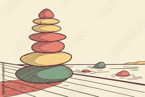 120 balanced colorful stone pyramid,minimalist still life,natural lighting,organic shapes,wooden surface,zen concept,peaceful atmosphere