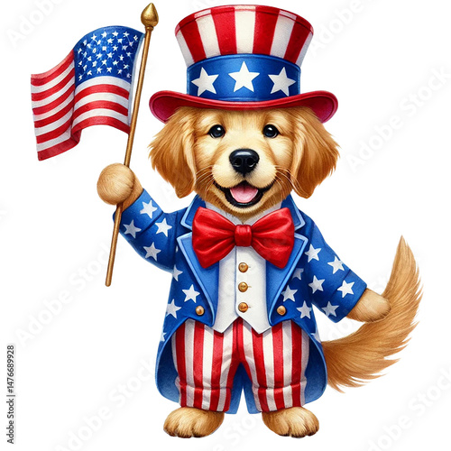 Happy patriotic dog in festive attire holding American flag.