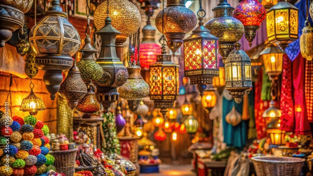 Fototapeta premium Traditional colorful lanterns and lamps hang from vendor stalls in a bustling Marrakesh market, surrounded by vibrant fabrics and exotic spices , vendor, fabrics