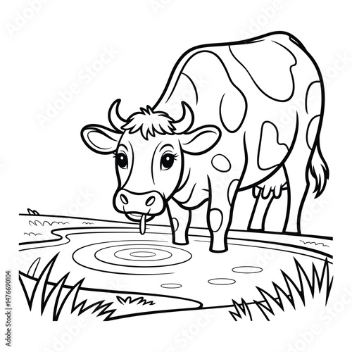 Cow drinking from a pond Coloring Page, Silhouette, Vector, Illustration, Icon, Logo, White Background.
